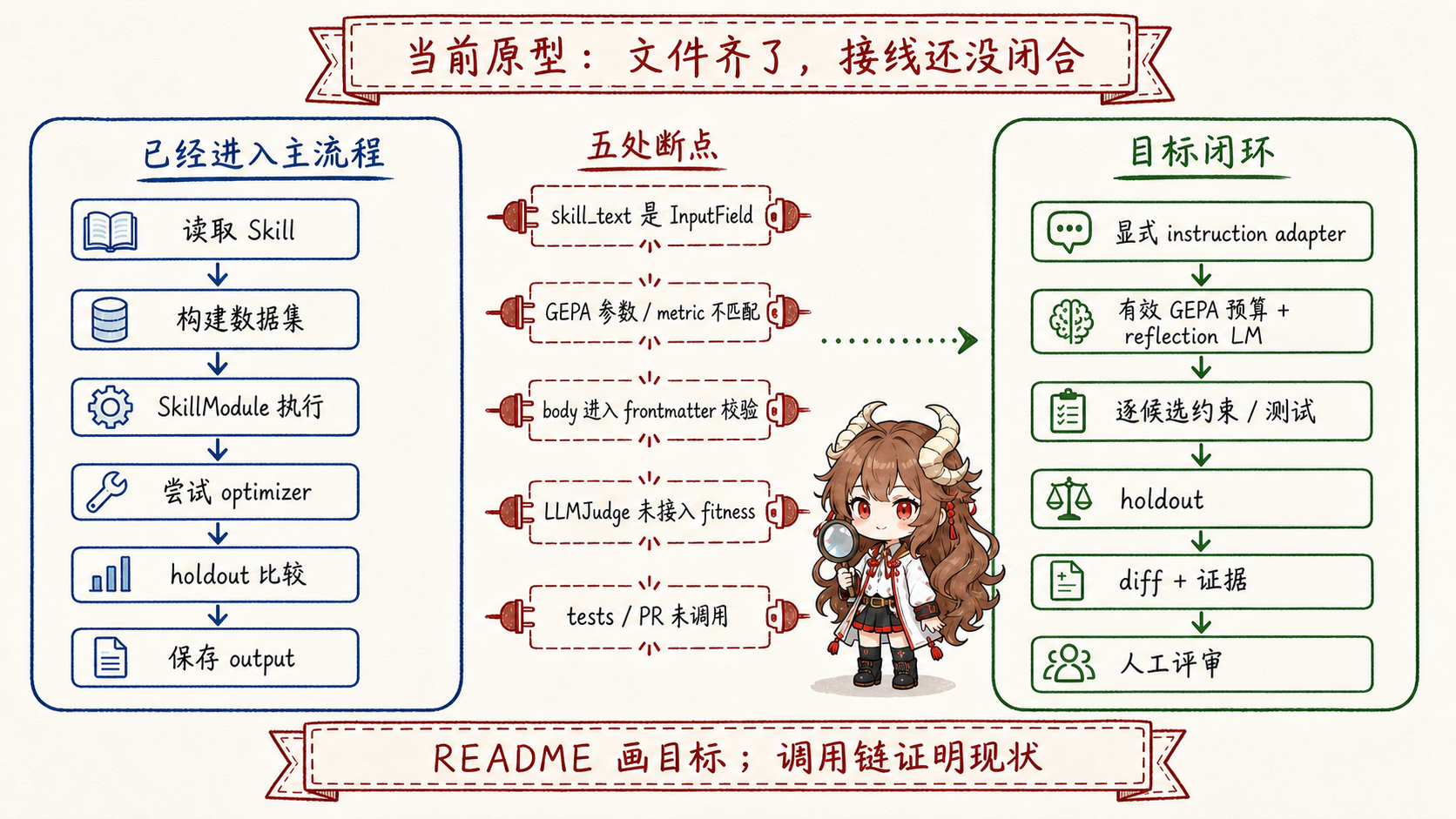 当前源码已经有读取 Skill、构建评测集、运行优化器和留出集比较的原型，但结构校验、测试和交付尚未形成端到端闭环
