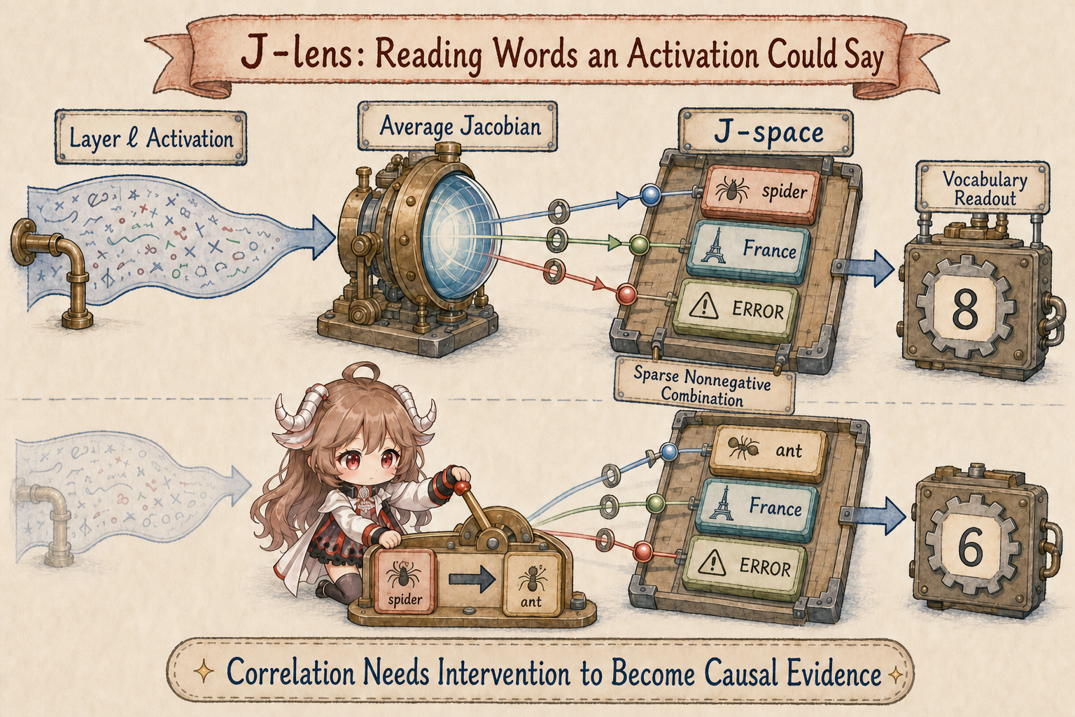 J-lens constructs token-linked directions from an averaged Jacobian, then reads, writes, and swaps concepts in J-space