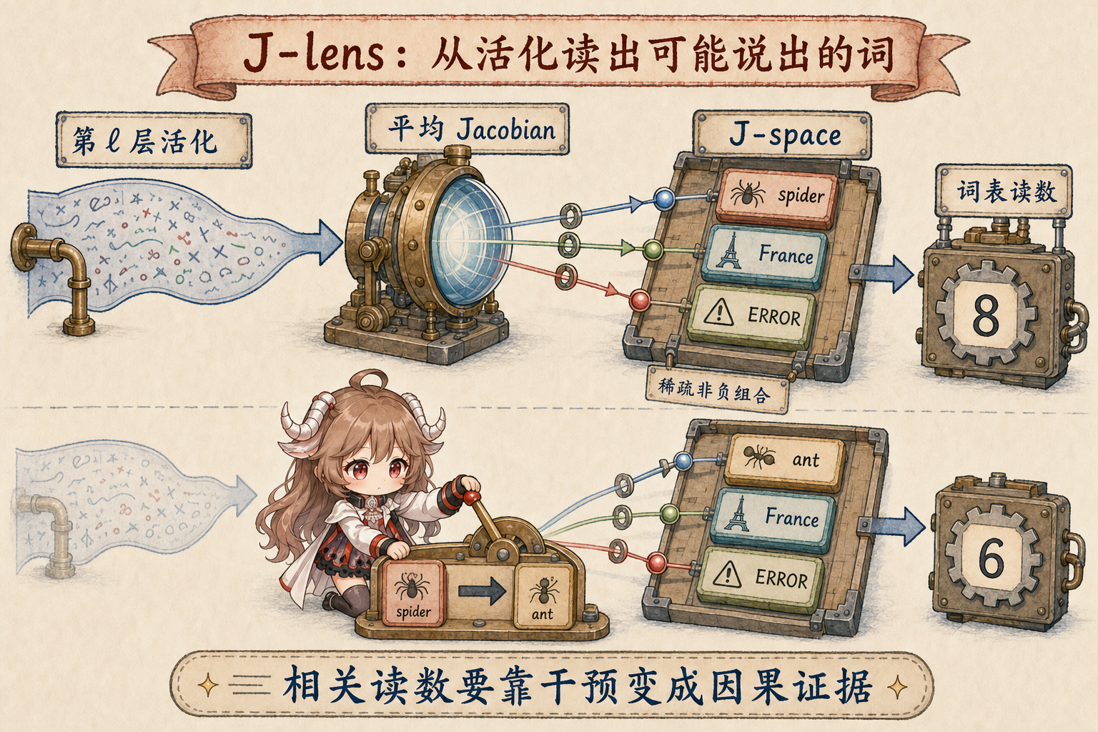 J-lens 从平均 Jacobian 构造 token-linked 方向，并在 J-space 中执行读出、写入和因果替换