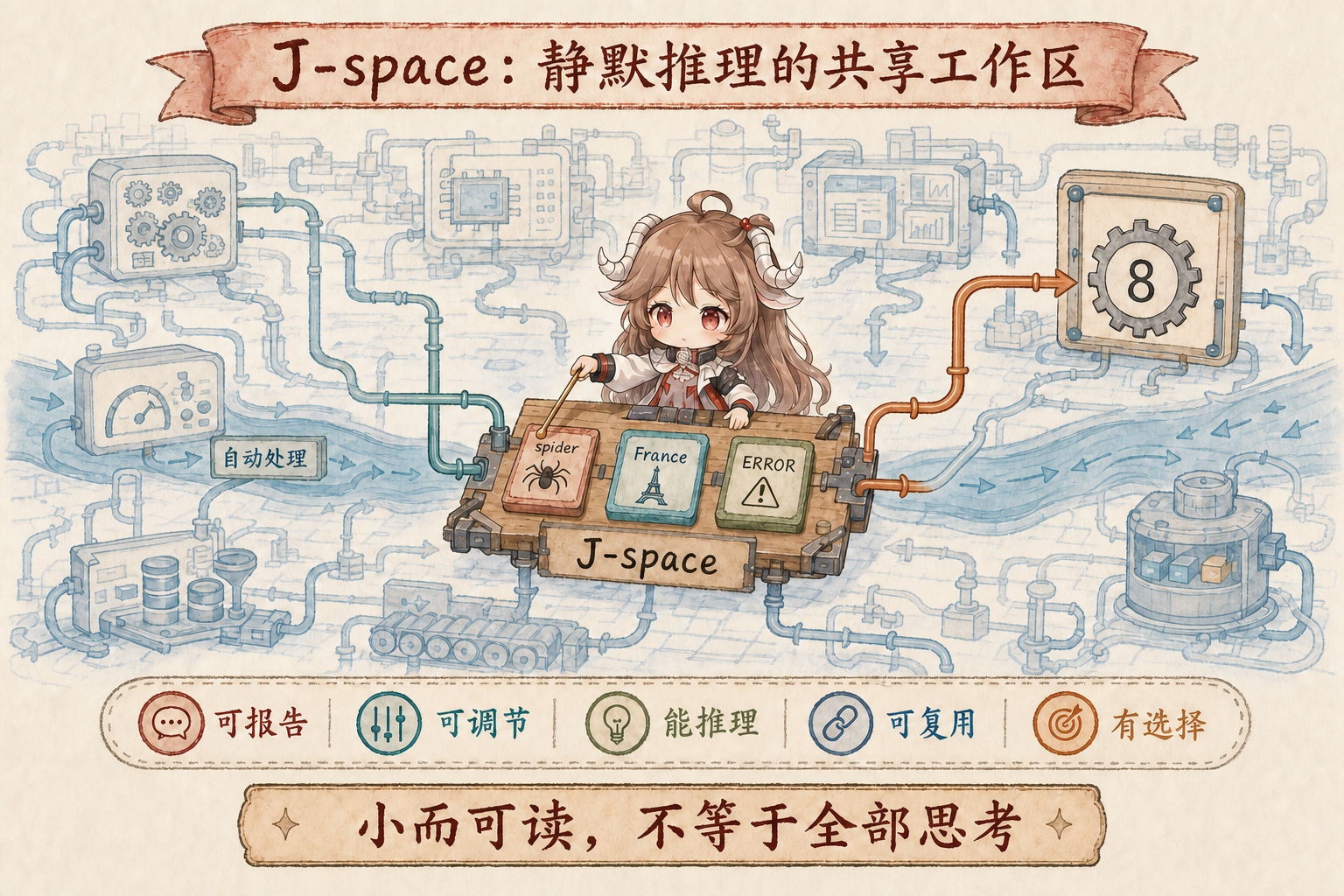 J-space 像中央工作台一样连接内部概念、语言读出与行动方向