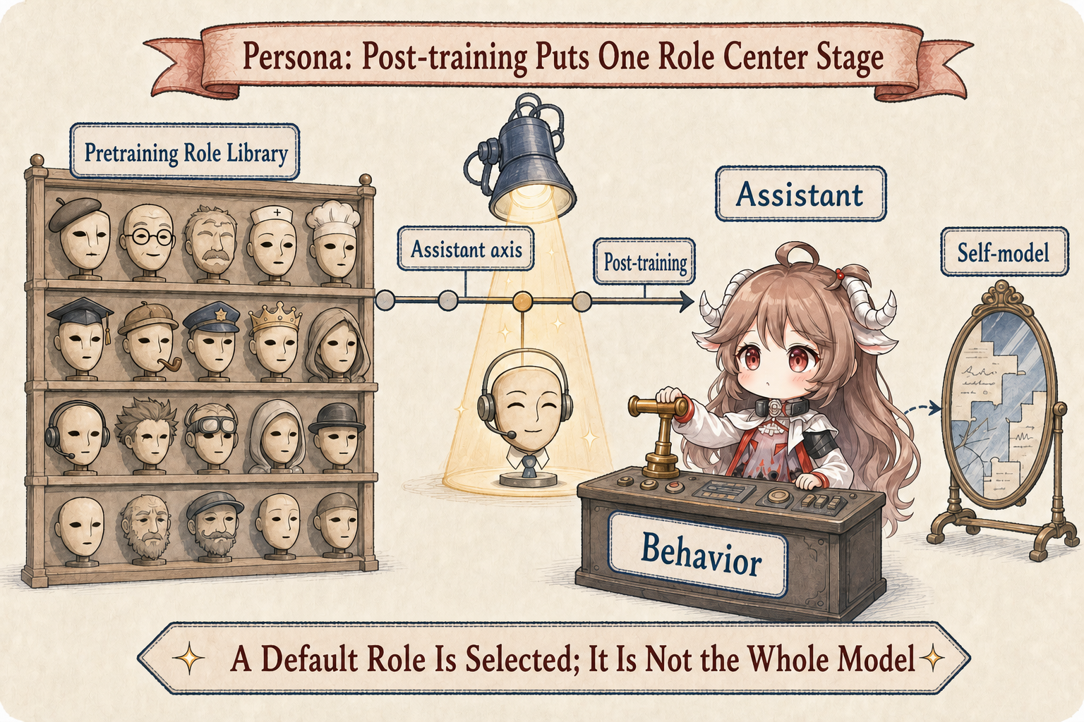 A model converging from many possible roles toward a stable Assistant persona