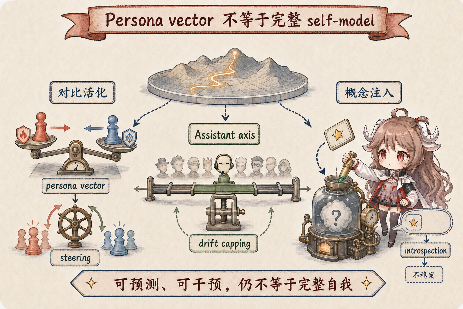 从多种 persona 沿 Assistant axis 收敛，并通过 concept injection 检验有限 introspection