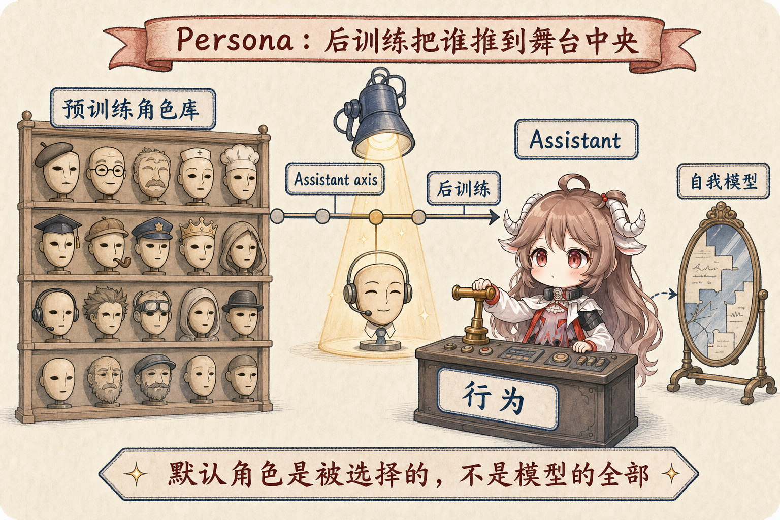 模型从多个角色中沿 Assistant 方向形成稳定默认 persona