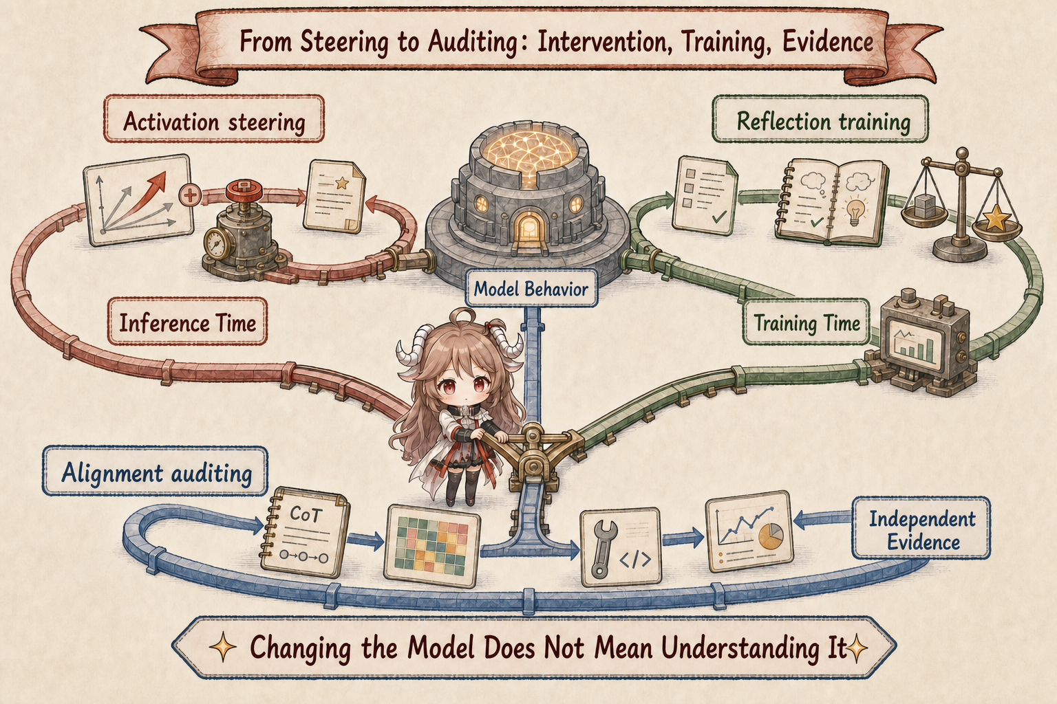 Three control loops for activation steering, reflection training, and alignment auditing