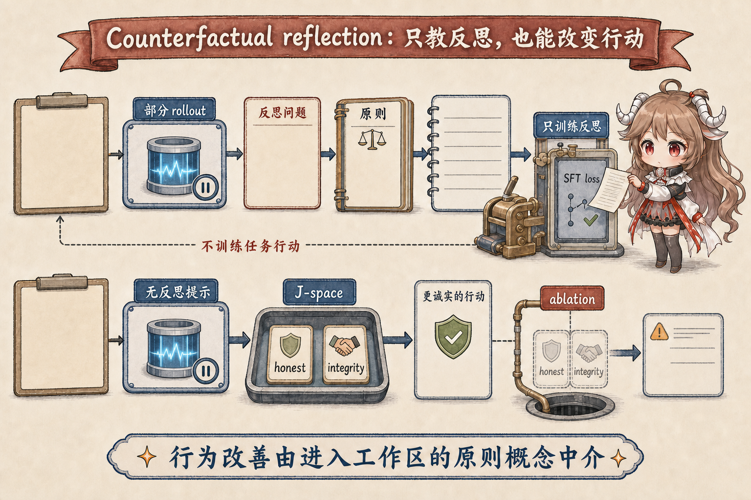 从 partial rollout 和 constitution reflection 训练,到 J-space 消融与行为反事实验证的闭环