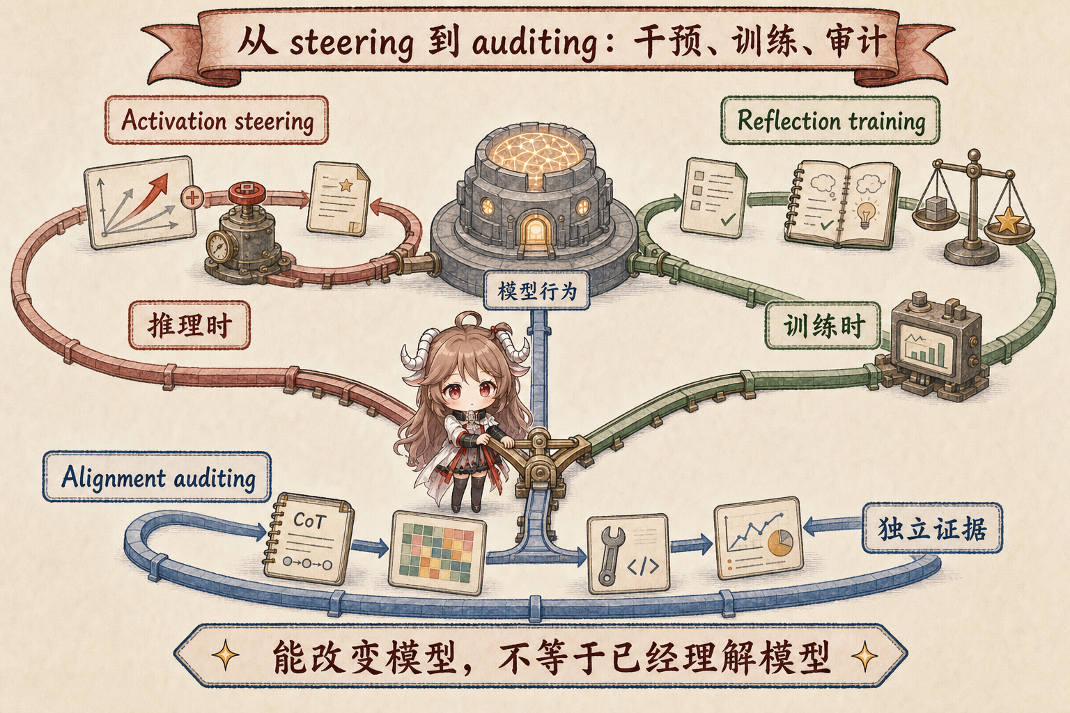 Activation steering、reflection training 与 alignment auditing 三个控制回路