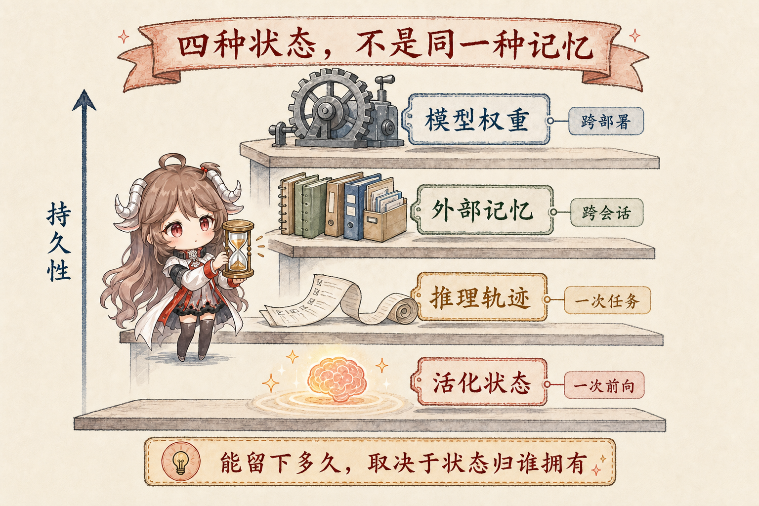 Activation、轨迹、外部记忆与模型参数四种状态期限的对比图