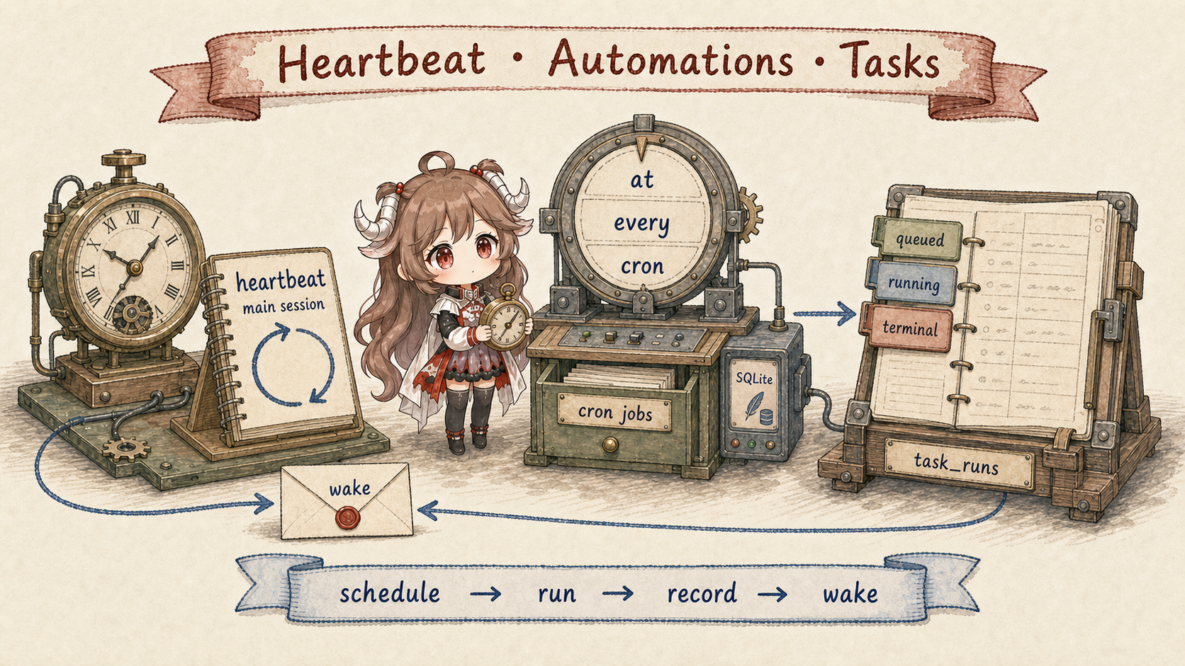 The three owners behind always-on OpenClaw work: heartbeat checks a main session periodically; Automations persist at, every, and cron schedules; Tasks record queued, running, and terminal activity in task_runs, then completion can wake the main session; schedule, run, record, and wake remain separate