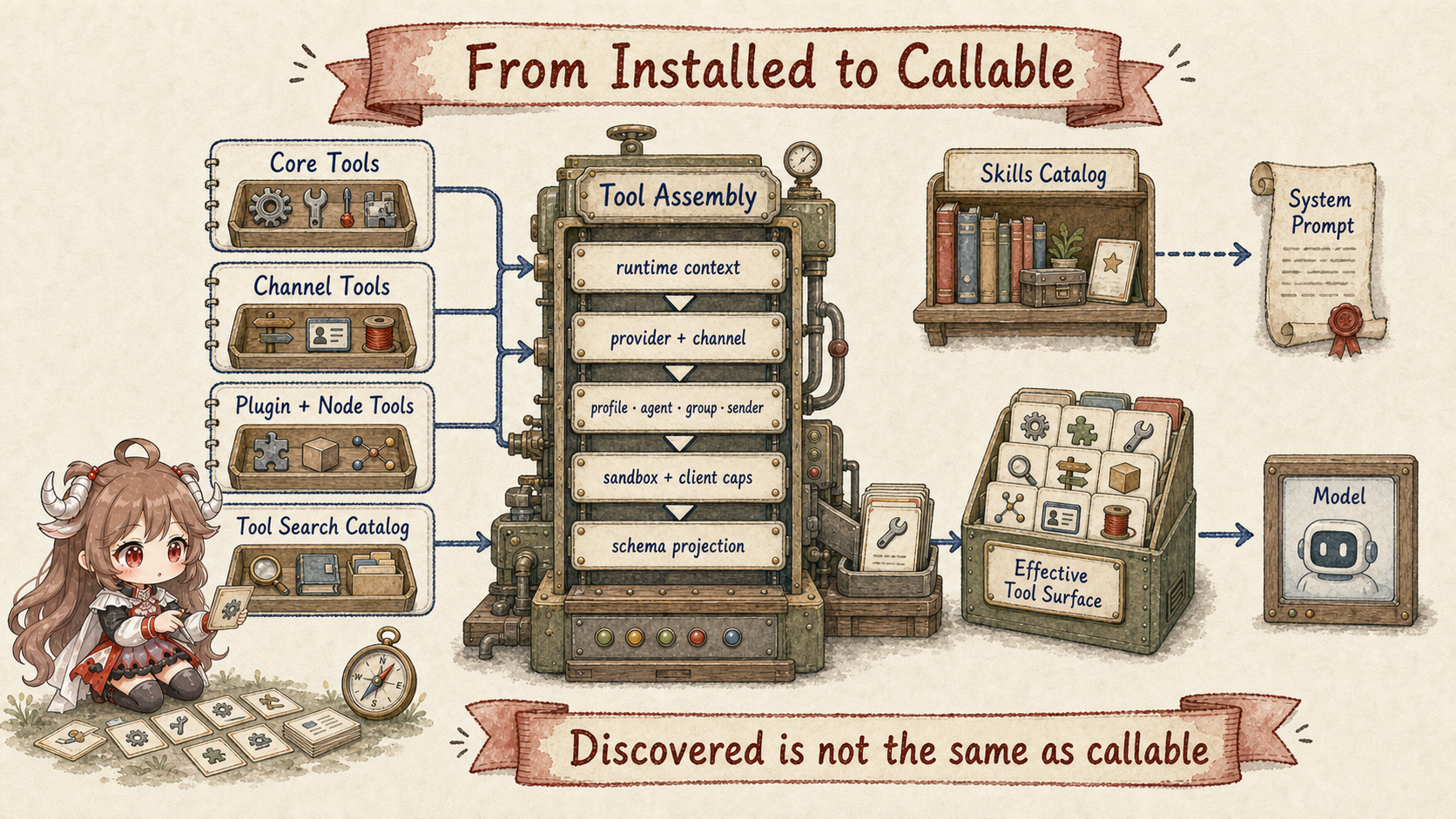 OpenClaw capability assembly: core, channel, plugin, node, and Tool Search catalog inputs pass through runtime context, provider and channel, profile, agent, group, sender, sandbox, client capability, and schema projection to form the Effective Tool Surface; the Skills Catalog separately enters the system prompt