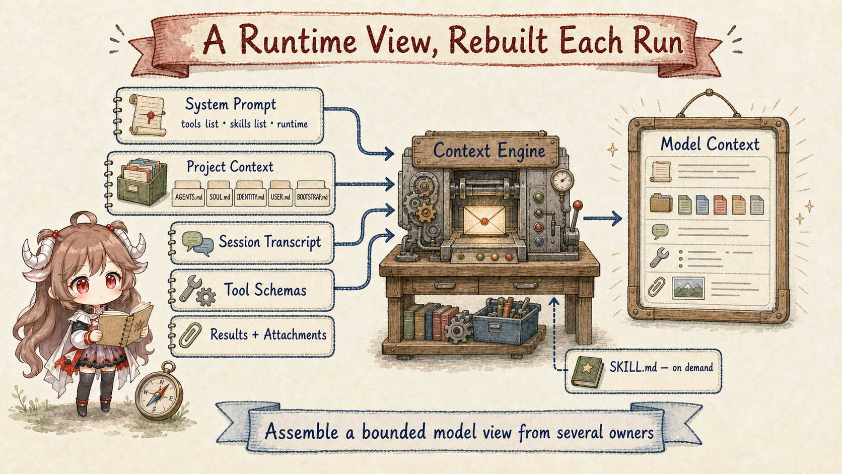 OpenClaw context assembly on every run: system prompt, Project Context, session transcript, tool schemas, results, and attachments enter the Context Engine to form bounded Model Context, while full SKILL.md instructions load on demand