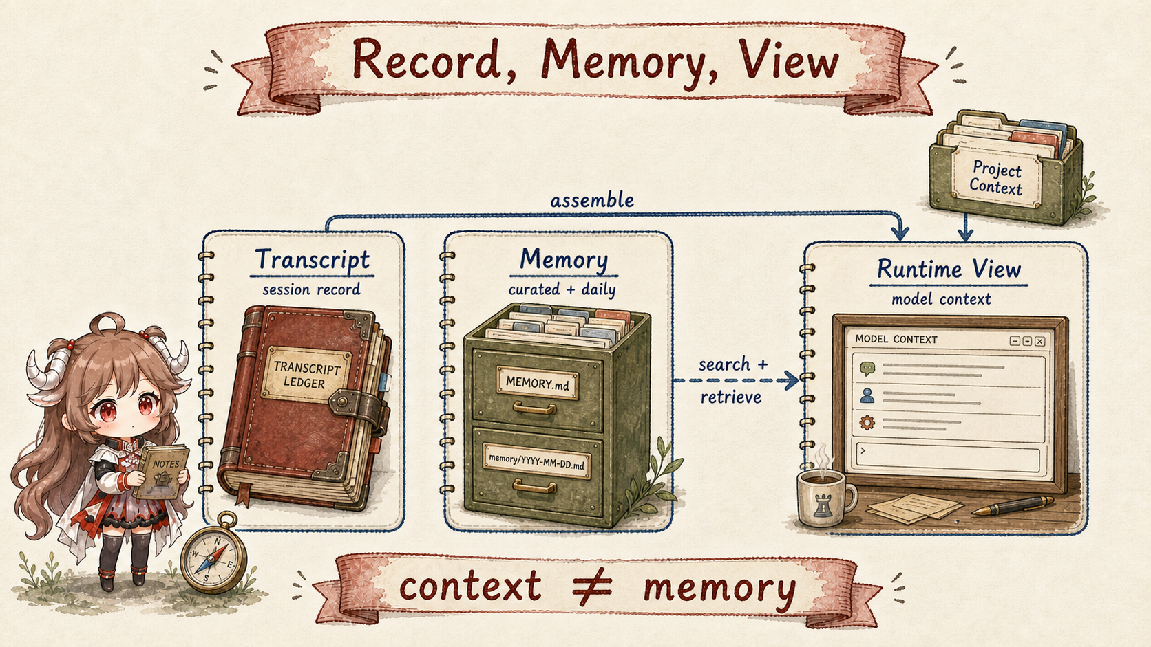 Three OpenClaw state owners: Transcript is the durable session record, Memory contains MEMORY.md and daily memory files and is retrieved selectively, and Runtime View is temporary model context; Project Context enters separately, so context is not memory