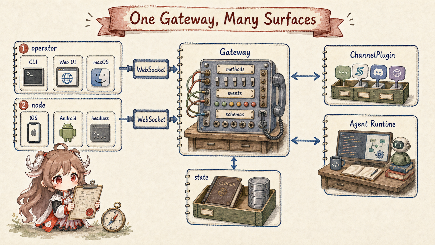 OpenClaw control plane: operator and node clients enter one Gateway over WebSocket; the Gateway owns methods, events, schemas, ChannelPlugin connections, Agent Runtime coordination, and durable state
