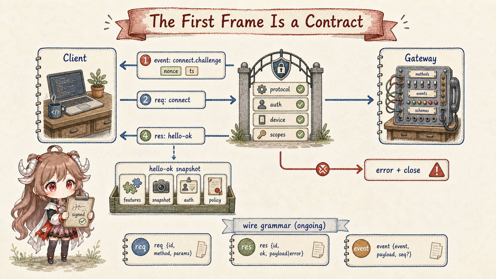 OpenClaw Gateway handshake: connect.challenge precedes req connect; protocol, auth, device, and scopes are checked; success returns hello-ok and failure returns error plus close; req, res, and event frames follow only after the handshake