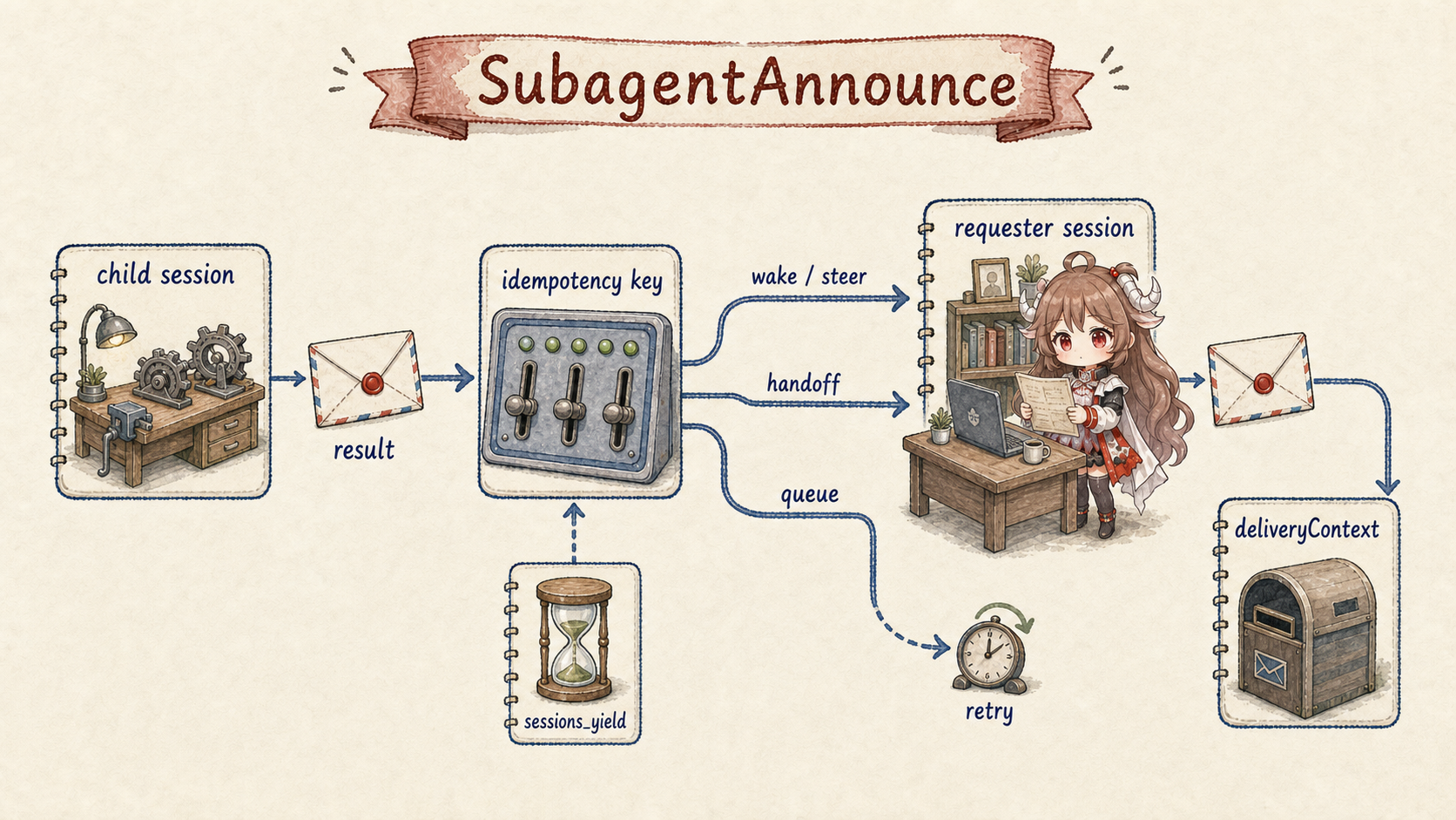 OpenClaw child completion flow: a child session produces a result under an idempotency key; announce first wakes or steers an active requester, then can hand off, and finally queues for durable retry; the requester synthesizes before deliveryContext reaches the outside channel, while sessions_yield releases the current turn