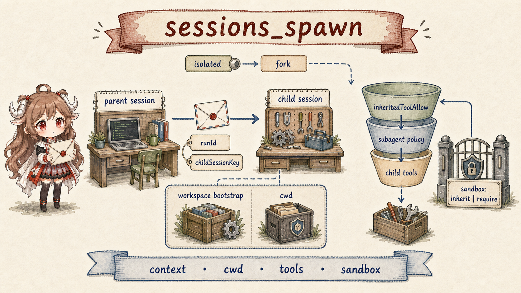The OpenClaw sessions_spawn inheritance contract: the parent receives a runId and childSessionKey; context defaults to isolated while fork is explicit; workspace bootstrap is separate from cwd; the parent effective tool surface passes through subagent policy; sandbox can be inherited or required