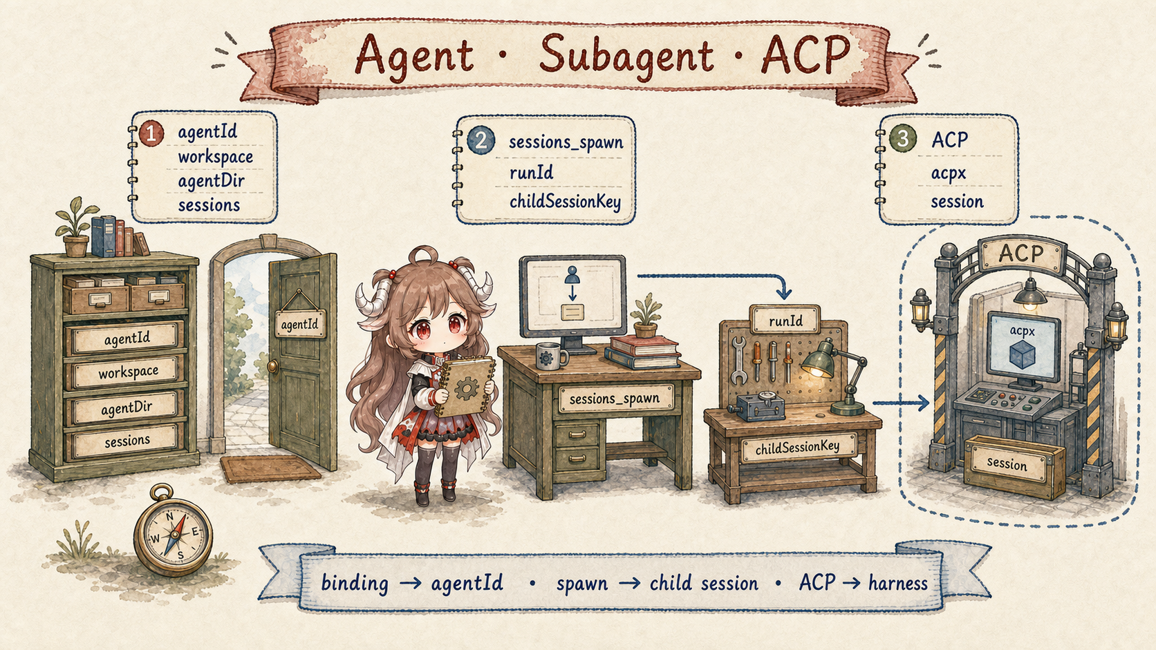 Three OpenClaw multi-agent topologies: a binding selects a configured Agent with its own workspace, agentDir, and sessions; sessions_spawn creates a native child with a runId and childSessionKey; ACP delegates execution to an external harness such as acpx
