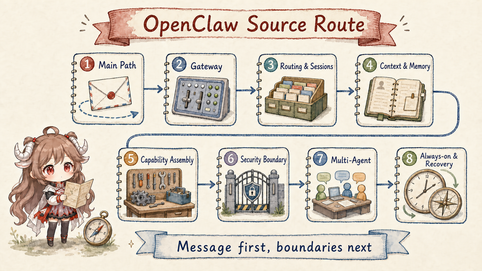 Eight-part OpenClaw source route: main path, Gateway, routing and sessions, context and memory, capability assembly, security, multi-agent, and recovery
