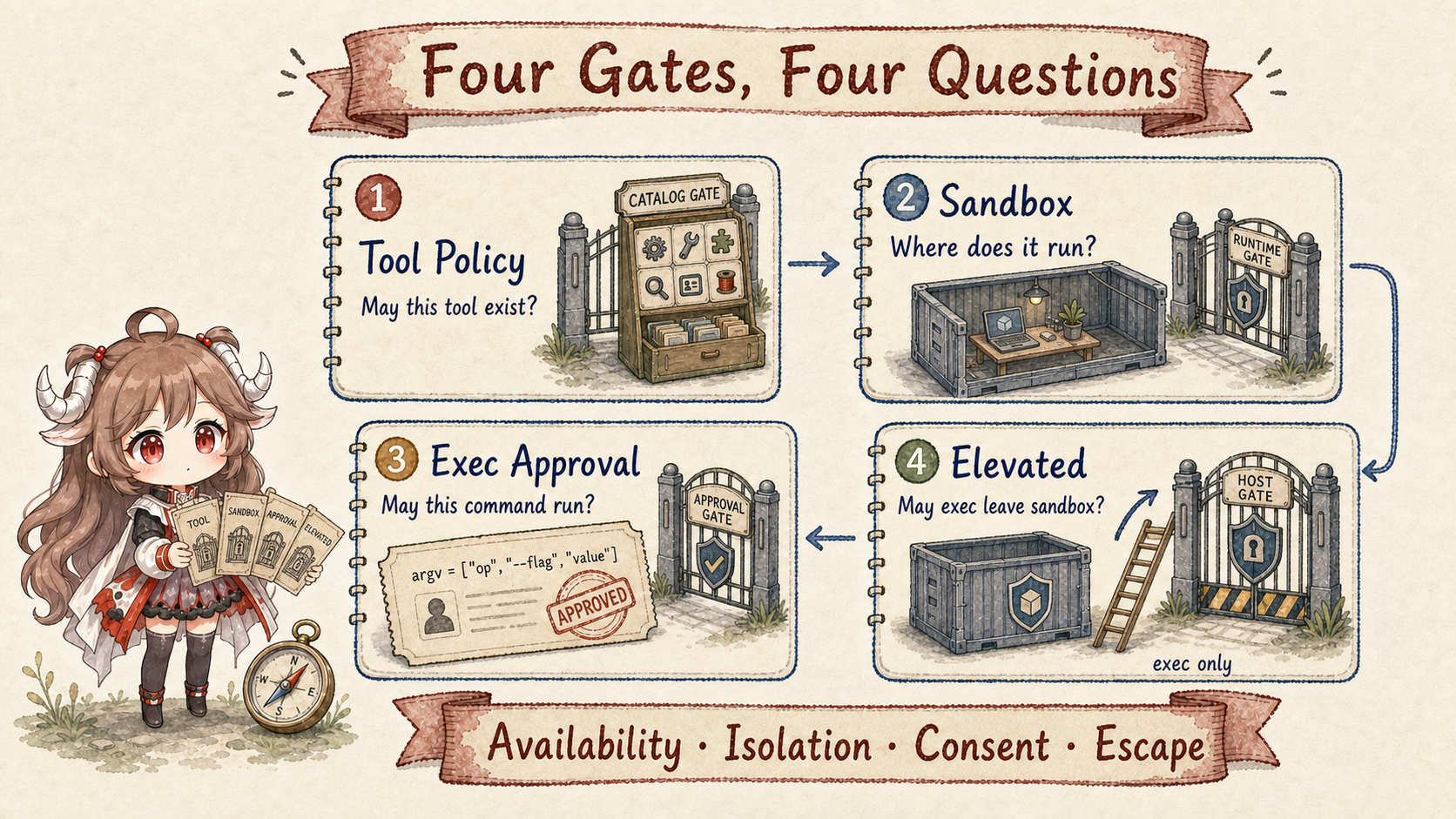Four OpenClaw security gates: Tool Policy decides whether a tool exists, Sandbox decides where it runs, Exec Approval decides whether a concrete command may run, and Elevated decides only whether exec may leave a sandbox; they correspond to availability, isolation, consent, and escape