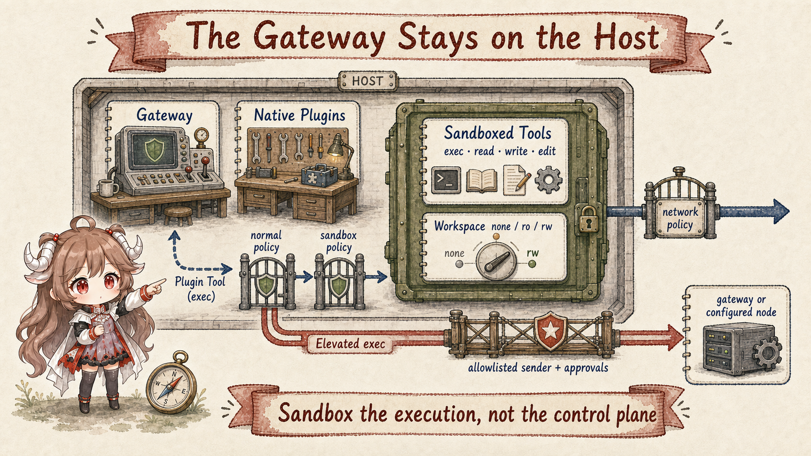 OpenClaw sandbox host cutaway: Gateway and Native Plugins remain on the host, while exec, read, write, and edit run in a sandbox with none, read-only, or read-write workspace access and separate network policy; plugin tools need normal and sandbox policy, while elevated exec uses a gated bridge to the gateway or configured node