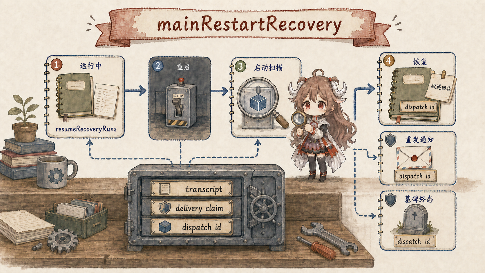 OpenClaw mainRestartRecovery:运行中的 session 把 transcript、delivery claim 与 dispatch id 保存在 SQLite;Gateway restart 后 startup scan 读取持久状态,安全时 resume,尾部不安全时给 resend notice,重试耗尽则 tombstone;最终 delivery receipt 防止重复外发