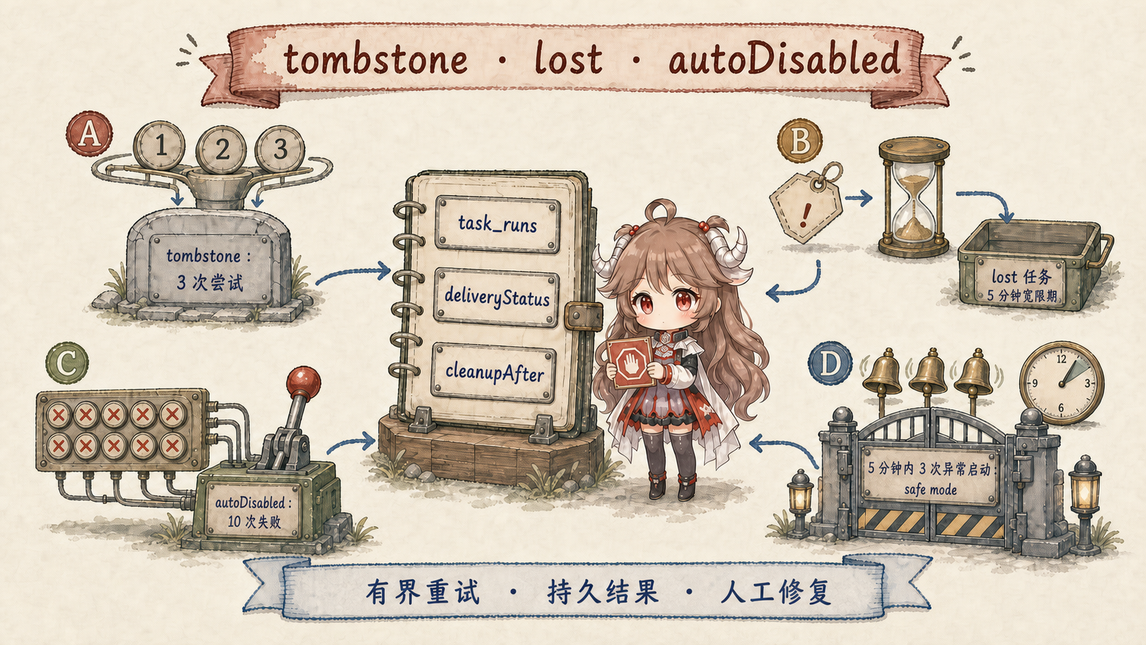 OpenClaw 常驻安全阀:主会话 recovery 三次 attempt 后 tombstone;失去 runtime backing 的 task 经过 grace 标为 lost;recurring automation 连续十次执行失败后 autoDisabled;五分钟内三次 unclean boot 进入 safe mode;task_runs、deliveryStatus、cleanupAfter 保留可审计结果