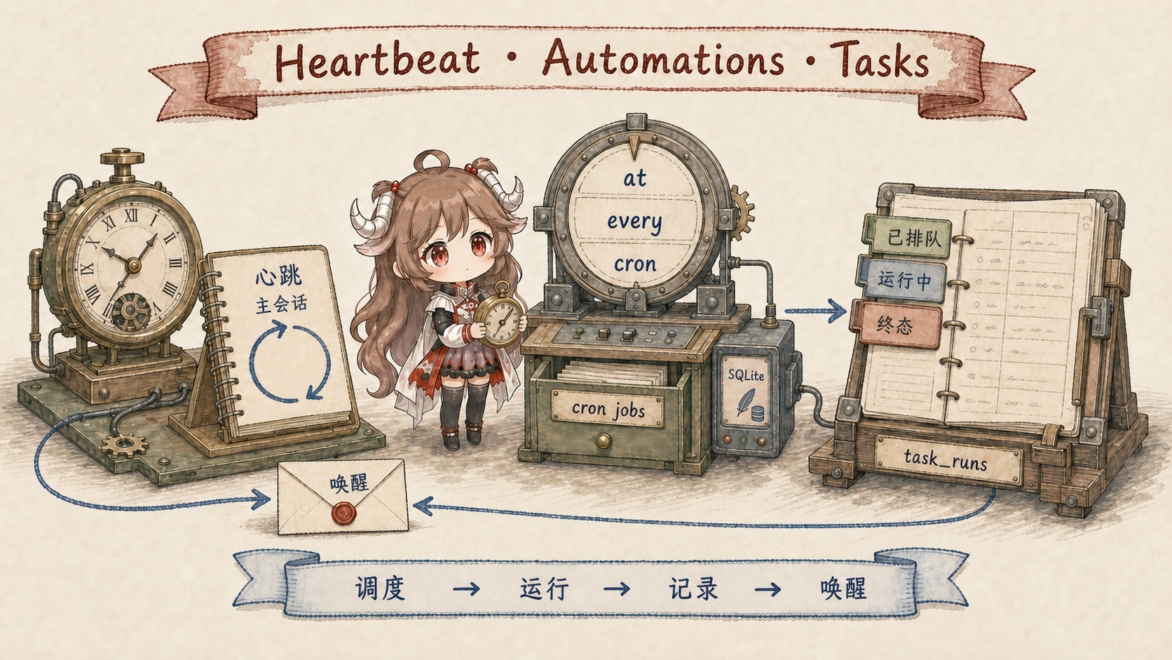 OpenClaw 常驻运行的三个 owner:heartbeat 在 main session 做周期巡检;Automations 用 at、every、cron 的持久 schedule 触发 run;Tasks 用 task_runs 记录 queued、running、terminal,完成后可 wake 主会话;schedule、run、record、wake 分层