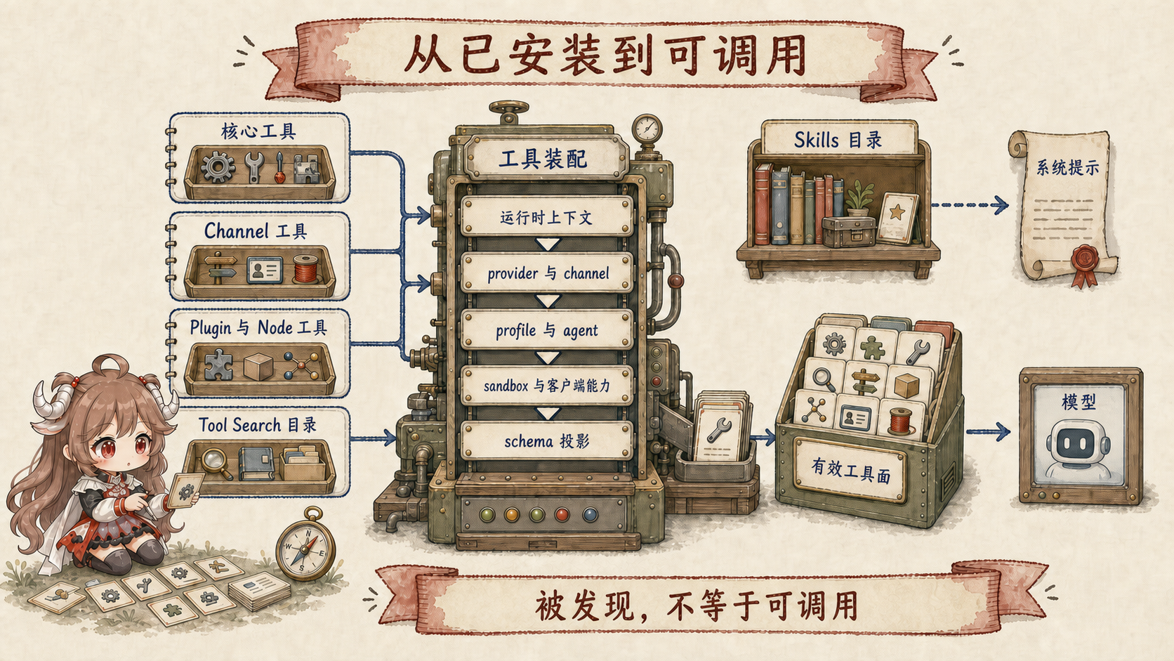 OpenClaw 能力装配：core、channel、plugin、node 与 tool search catalog 进入工具装配机，经过 runtime context、provider/channel、profile/agent/group/sender、sandbox/client caps 和 schema projection，形成 Effective Tool Surface；Skills Catalog 单独进入 system prompt