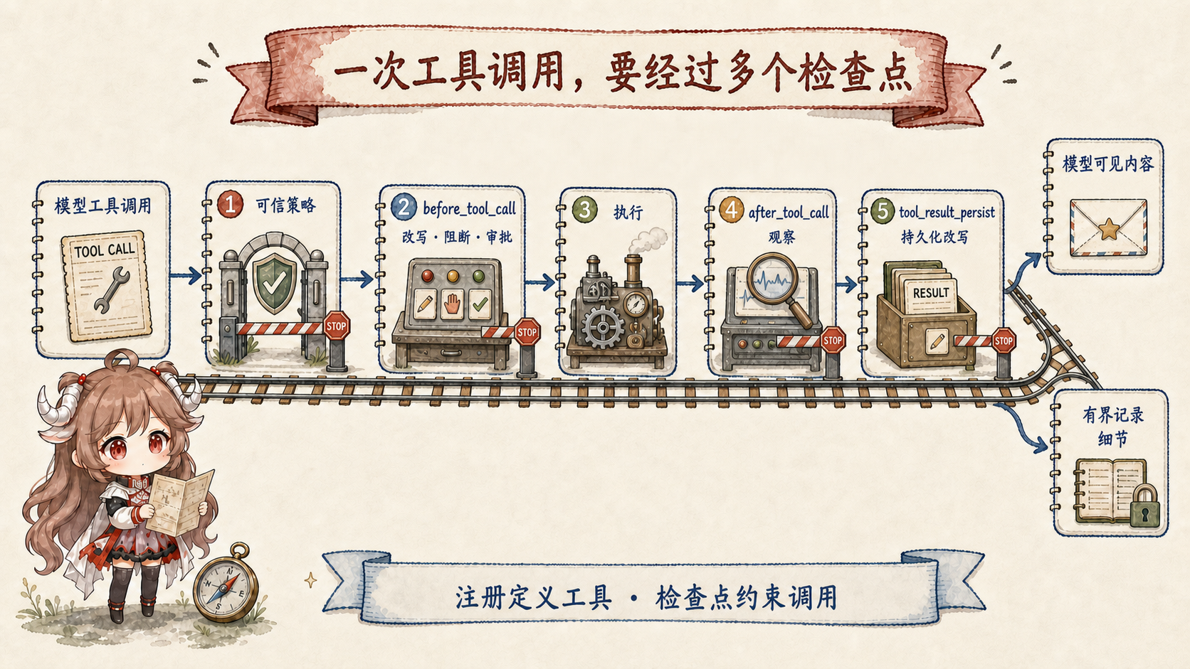 OpenClaw 工具调用检查点：Model Tool Call 先过 Trusted Policy，再过 before_tool_call 的参数改写、阻断或审批，然后 Execute；after_tool_call 观察结果，tool_result_persist 在存储前改写，最后分成 model-visible content 与 bounded transcript details