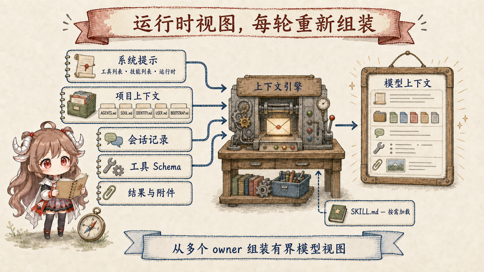 OpenClaw 每轮上下文组装：system prompt、Project Context、session transcript、tool schemas、结果与附件进入 Context Engine，再形成有界的 Model Context；完整 SKILL.md 按需加载