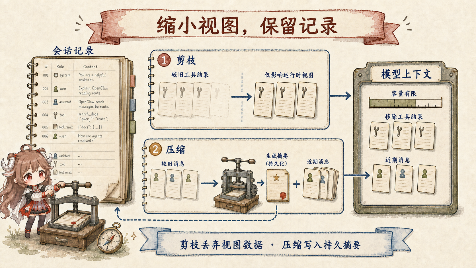 OpenClaw pruning 与 compaction：pruning 只从本轮模型上下文移除较旧 tool results，不改完整 transcript；compaction 把旧消息压成持久 summary，并保留 recent messages