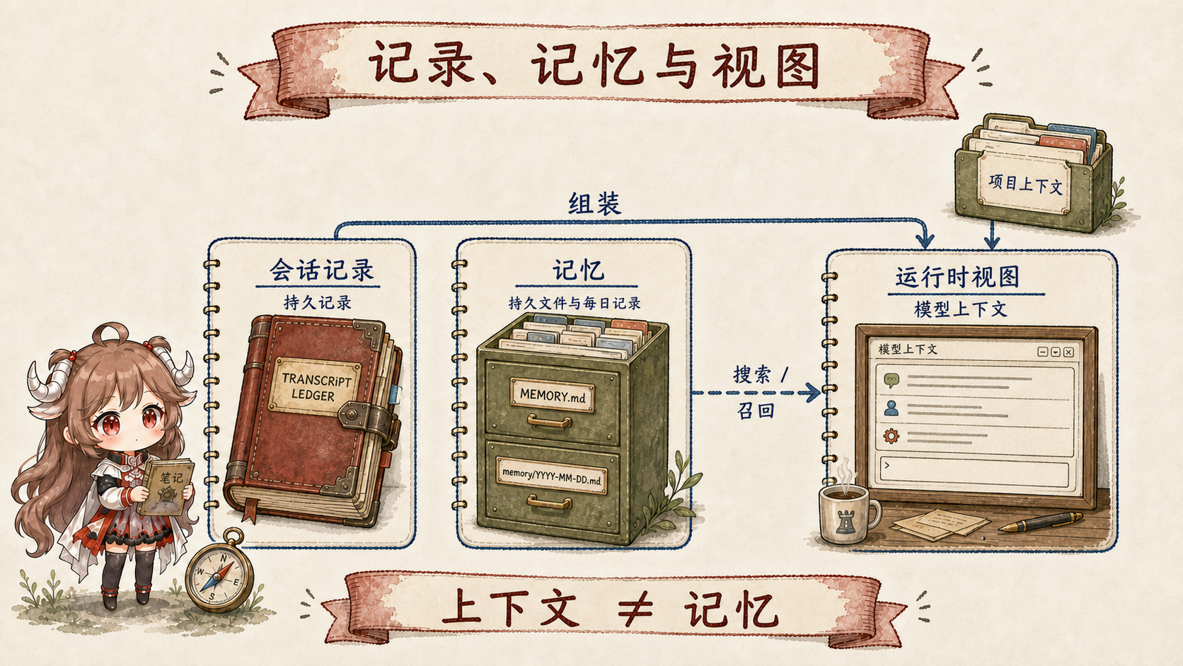 OpenClaw 三种状态 owner：Transcript 是持久 session record，Memory 由 MEMORY.md 与每日 memory 文件组成并按需检索，Runtime View 是本轮临时 model context；Project Context 单独注入，context 不等于 memory