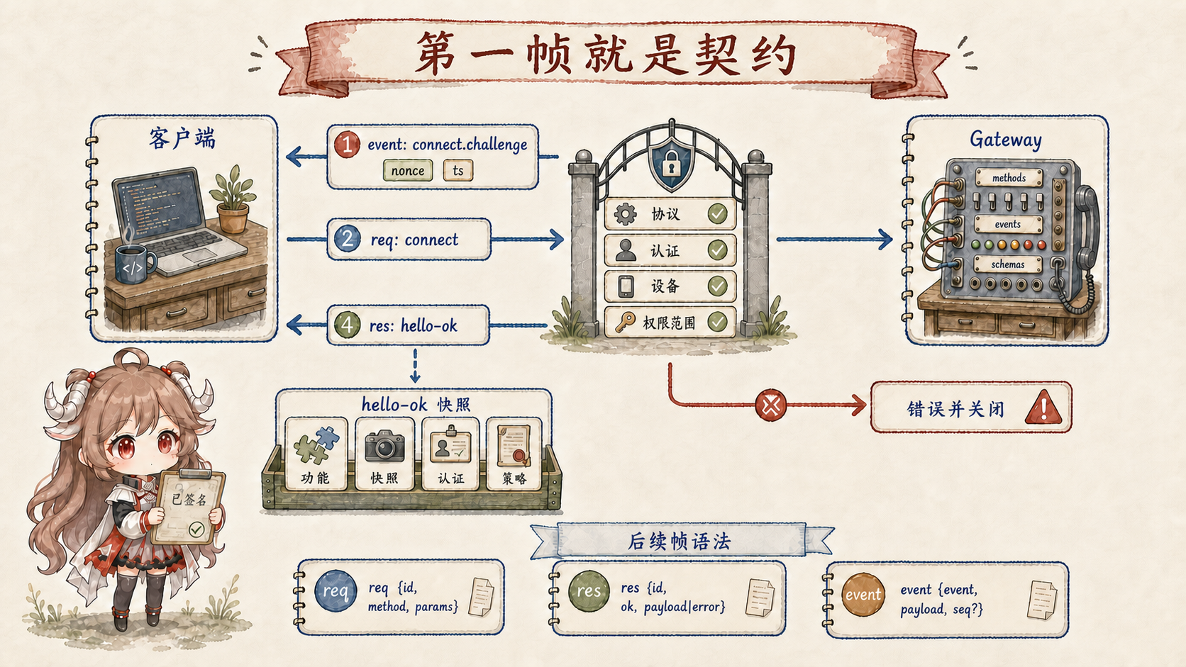 OpenClaw Gateway 握手:Gateway 发送 connect.challenge,客户端用 req connect 回应,检查 protocol、auth、device 和 scopes,成功返回 hello-ok,失败 error 并关闭;之后才使用 req、res、event 三类 frame