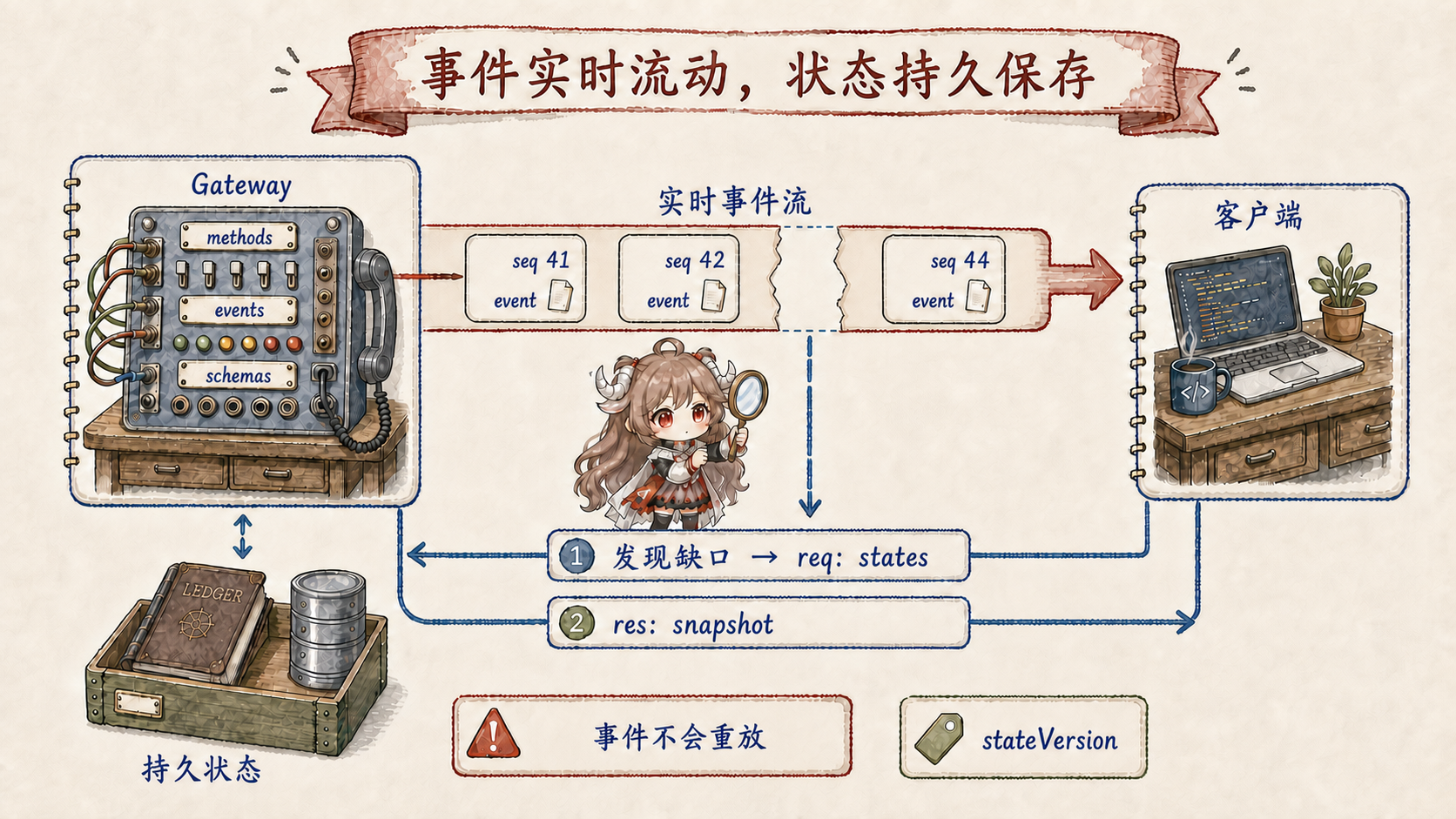 OpenClaw Gateway 实时事件与持久状态:客户端发现 seq 41、42、44 中缺少 43 后,不要求重播,而是发送 status 请求并用 snapshot 刷新;stateVersion 帮助识别状态版本