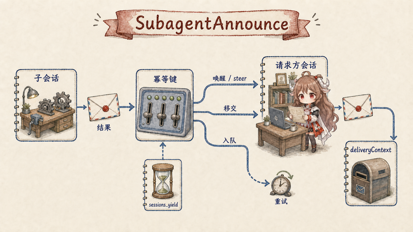 OpenClaw 子任务完成回流:child session 产出 result,经幂等键进入 announce switchboard;优先 wake 或 steer 活跃 requester,必要时 handoff,再失败则进入 durable queue 与 retry;requester session 整合后才沿 deliveryContext 对外投递,sessions_yield 用于让出当前 turn