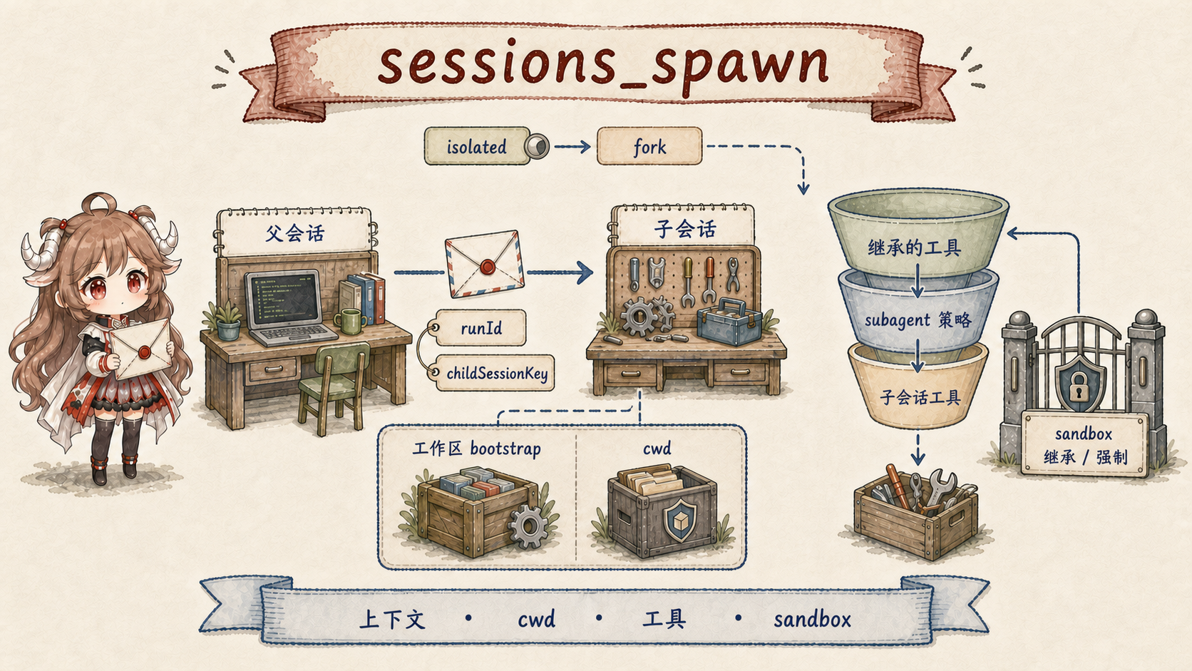 OpenClaw sessions_spawn 继承契约:父会话得到 runId 与 childSessionKey;上下文默认 isolated、fork 需显式选择;workspace bootstrap 与 cwd 分离;父级有效工具经过 subagent policy 再收窄;sandbox 可 inherit 或 require
