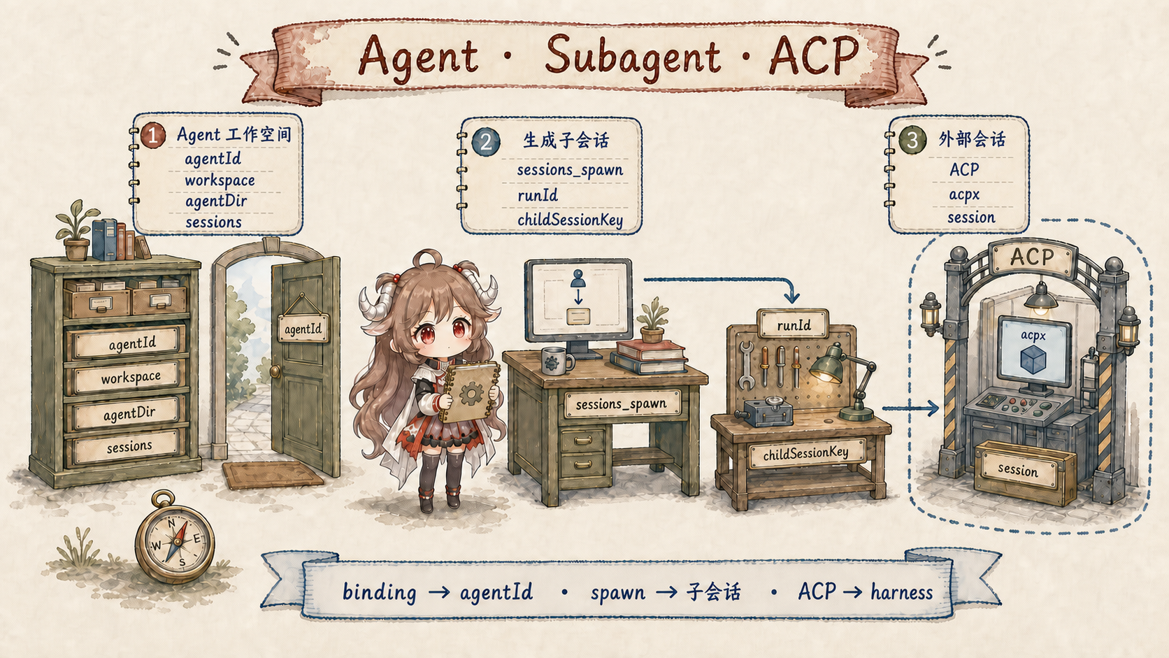 OpenClaw 多 Agent 的三种拓扑:binding 按 agentId 选择拥有独立 workspace、agentDir 与 sessions 的配置级 Agent;sessions_spawn 创建带 runId 和 childSessionKey 的原生子会话;ACP 把会话交给 acpx 等外部 harness