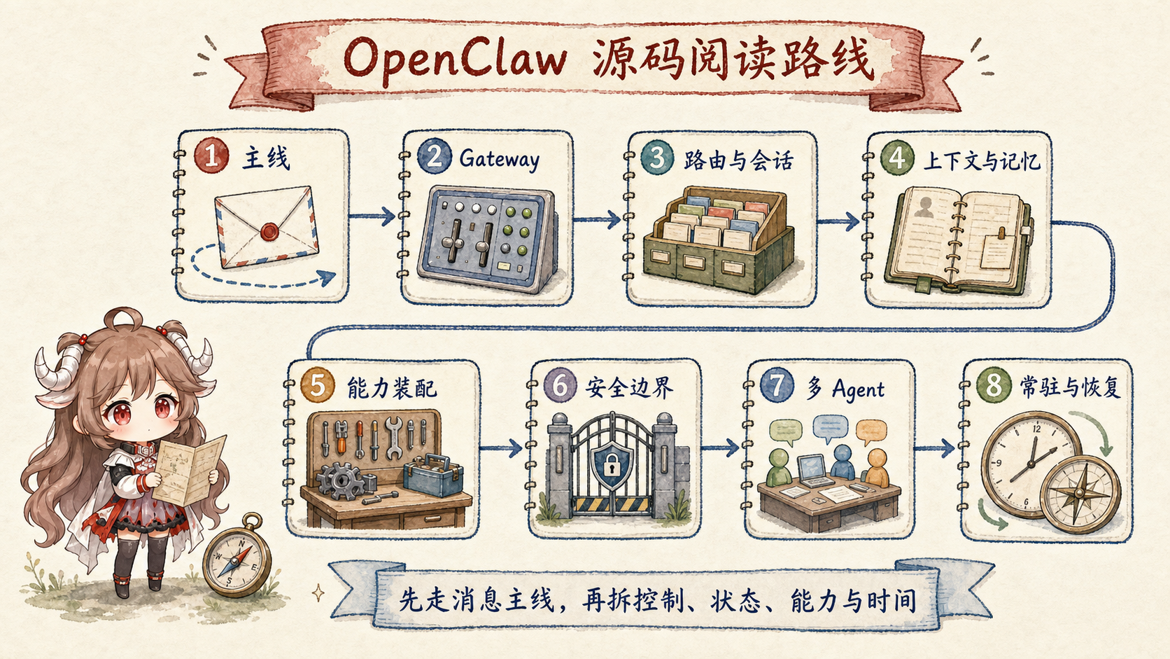 OpenClaw 八篇源码阅读路线:主线、Gateway、路由与会话、上下文与记忆、能力装配、安全边界、多 Agent、常驻与恢复