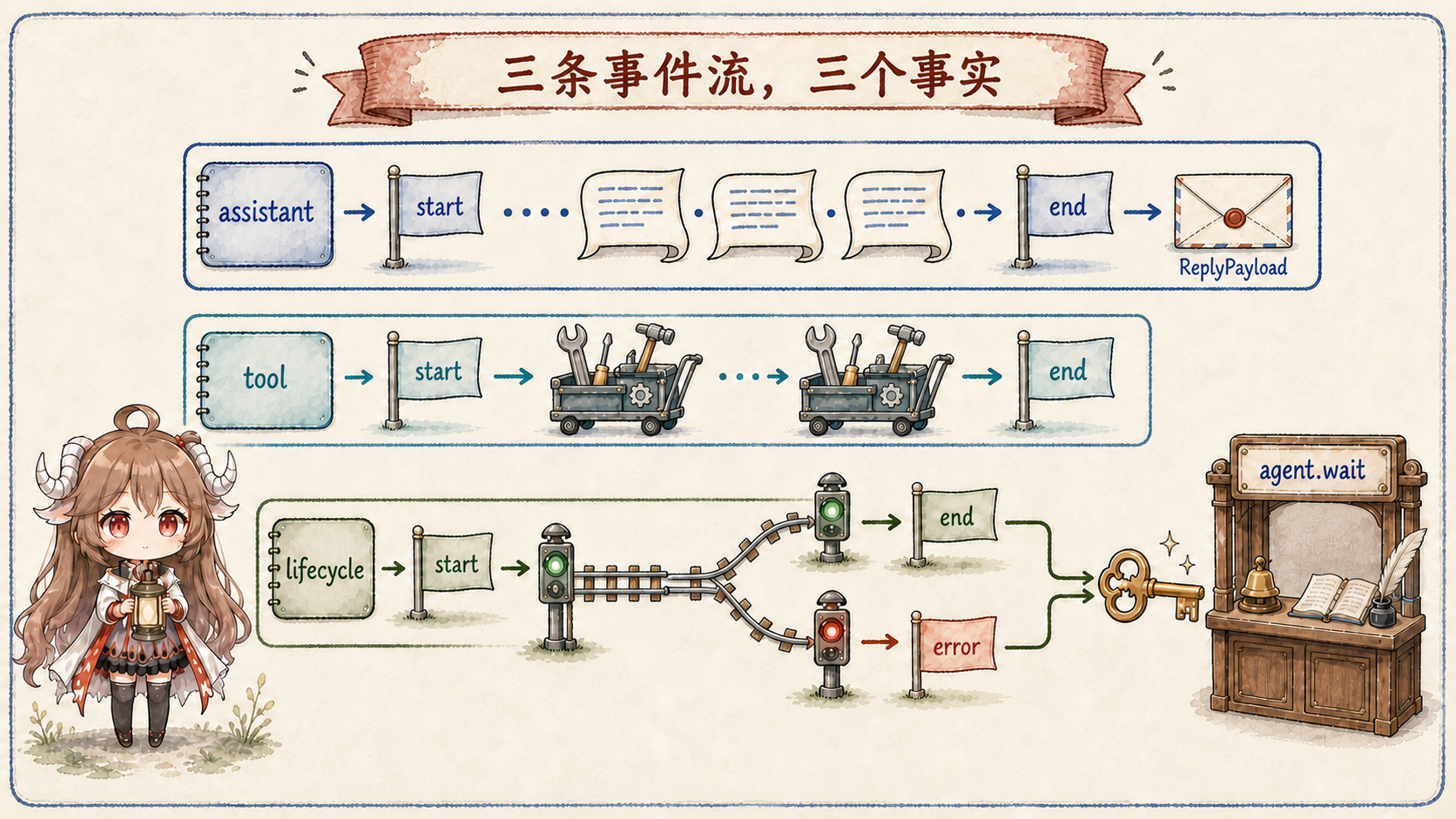OpenClaw embedded agent 的 assistant、tool 与 lifecycle 三条事件流;只有 lifecycle 的 end 或 error 终态解锁 agent.wait