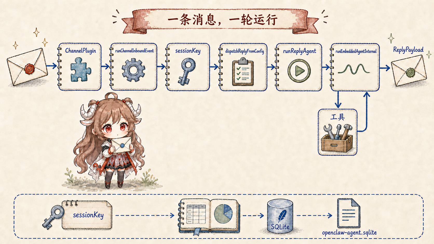 OpenClaw 一条消息的运行路线,从 ChannelPlugin 经过 runChannelInboundEvent、sessionKey、dispatchReplyFromConfig、runReplyAgent、runEmbeddedAgentInternal 到 ReplyPayload,工具循环位于 embedded agent 内部