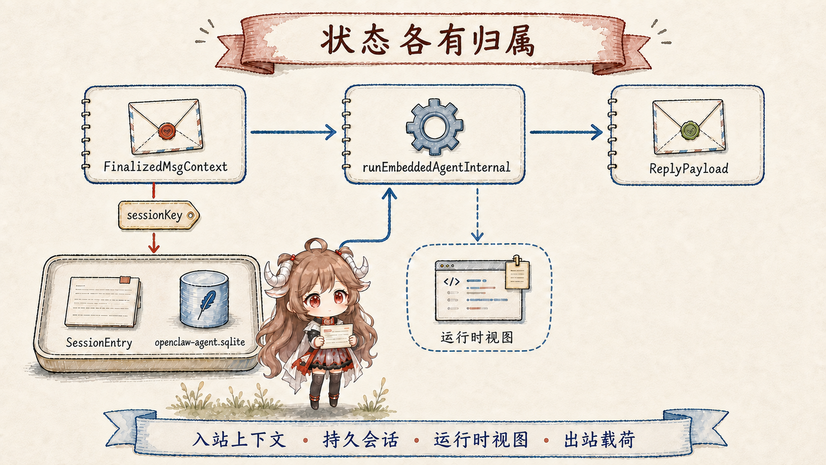 OpenClaw 一轮中的状态所有权:FinalizedMsgContext 经 sessionKey 关联 SessionEntry 与 openclaw-agent.sqlite,runEmbeddedAgentInternal 拥有临时 runtime view,最终产生 ReplyPayload