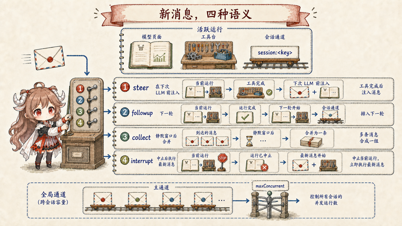 OpenClaw 新消息到达 active run 时的四种 queue mode:steer 等当前工具完成后在下一次 LLM 前注入,followup 排到下一 turn,collect 在 quiet window 后合并,interrupt 中止当前 run 再执行最新消息;global main lane 由 maxConcurrent 控制