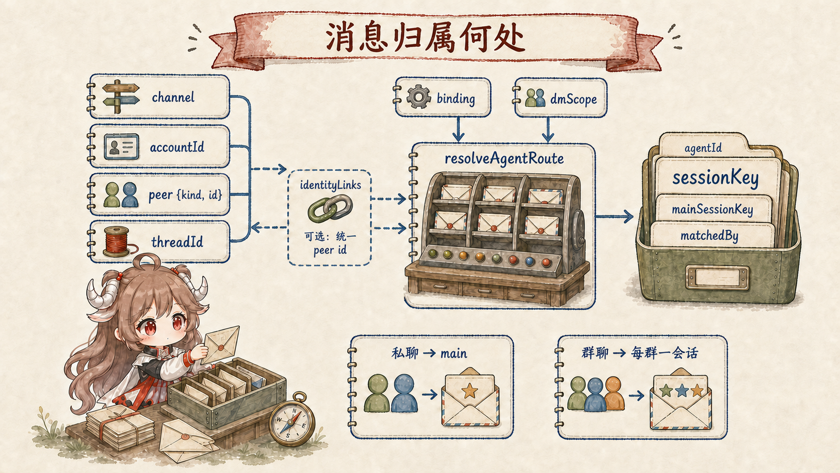 OpenClaw 消息路由:channel、accountId、peer、threadId 与 binding、dmScope、可选 identityLinks 进入 resolveAgentRoute,得到 agentId、sessionKey、mainSessionKey 和 matchedBy