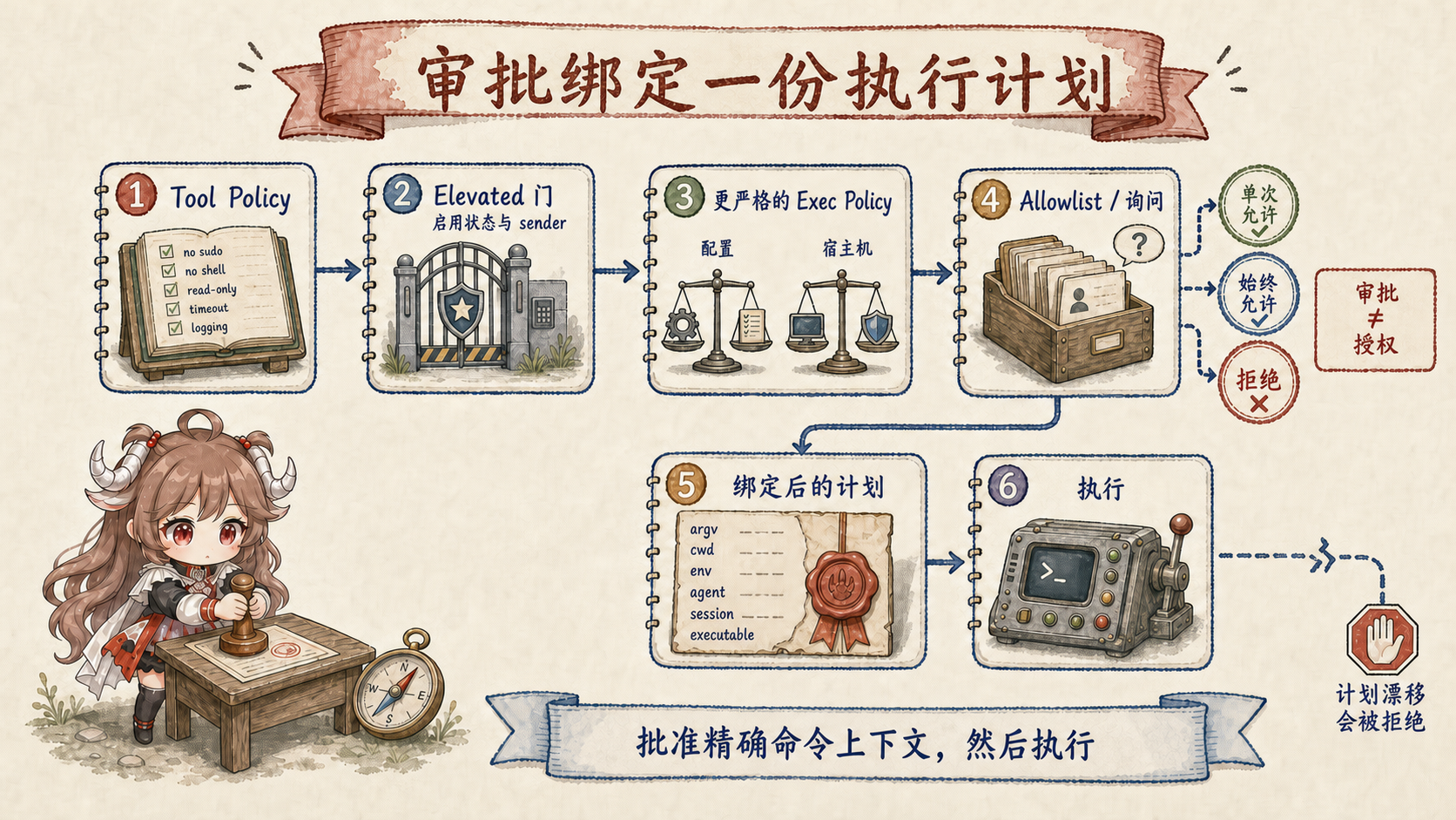 OpenClaw host exec 审批:Tool Policy 允许后检查 Elevated enabled 与 sender,再取 config 和 execution host 中更严格的 exec policy,经过 allowlist 或 ask 得到 allow once、allow always 或 deny;批准绑定 argv、cwd、env、agent、session、executable 的 sealed plan,plan drift 会被拒绝,approval 不等于 authorization