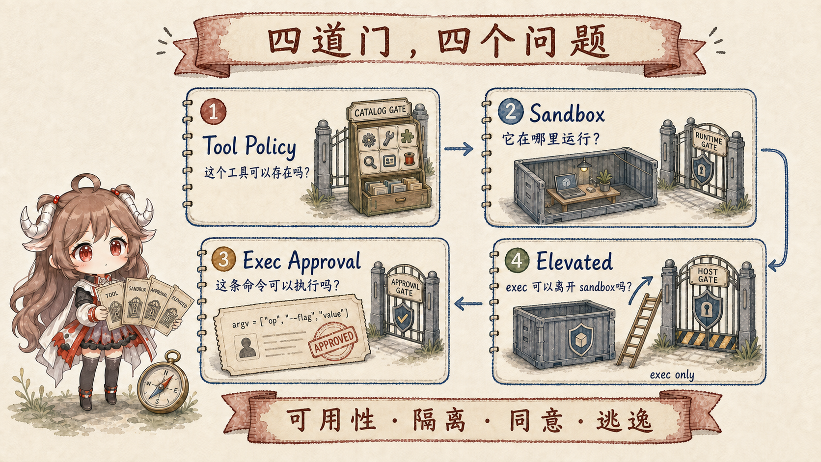 OpenClaw 四道安全门:Tool Policy 决定工具是否存在,Sandbox 决定在哪里运行,Exec Approval 决定具体命令能否执行,Elevated 只决定 exec 能否离开 sandbox;四者分别对应 availability、isolation、consent、escape