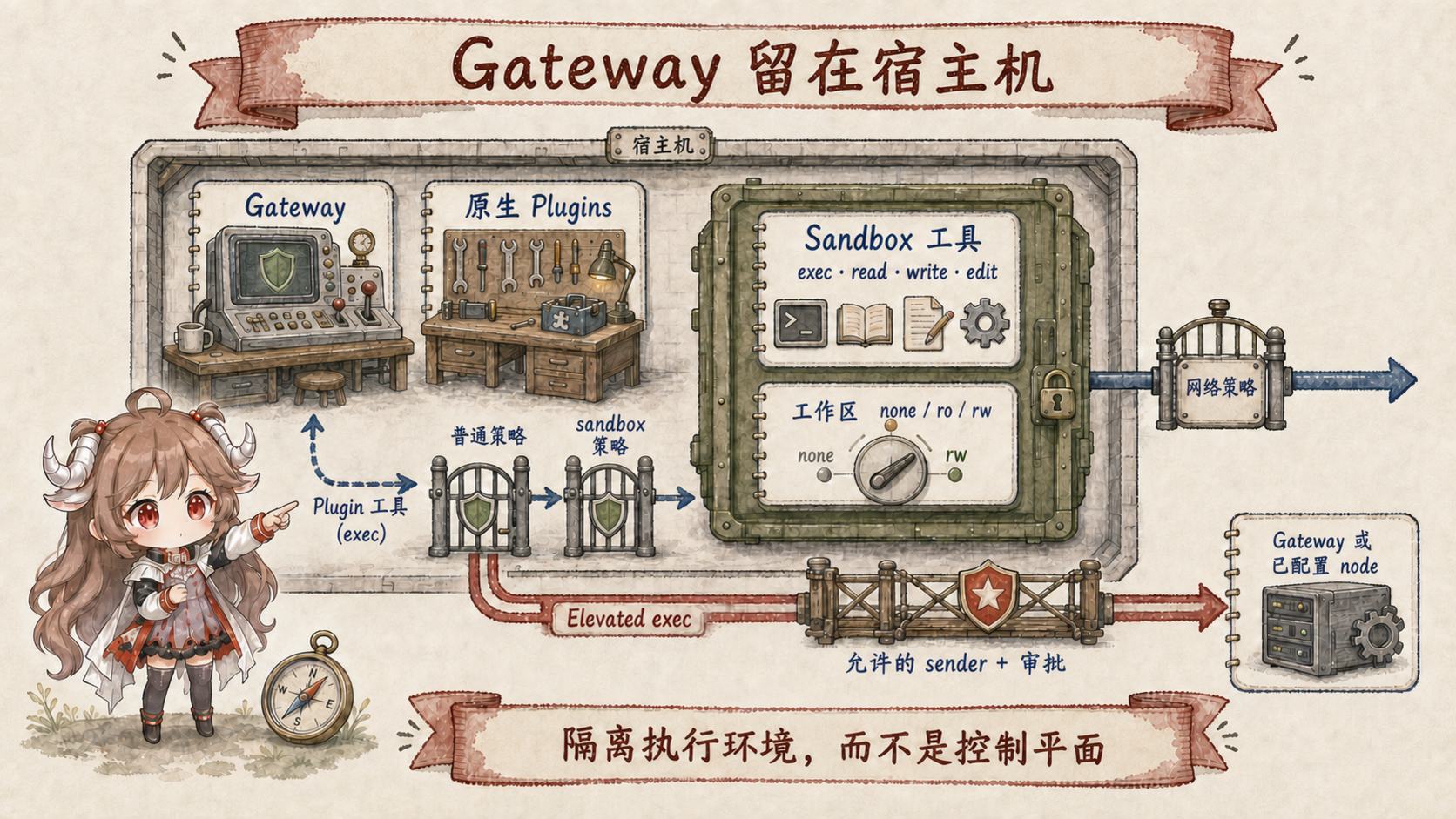 OpenClaw sandbox host cutaway:Gateway 与 Native Plugins 留在 host,exec/read/write/edit 等 sandboxed tools 在独立环境中运行,workspace access 可为 none/ro/rw,网络另受 policy;plugin tool 需 normal policy 与 sandbox policy 双重放行,elevated exec 走受控桥到 gateway 或已配置 node