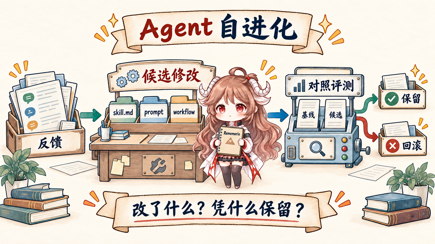 自进化项目的阅读问题:反馈形成候选修改,对照基线与候选进行评测,再检查保留或回滚的决定。