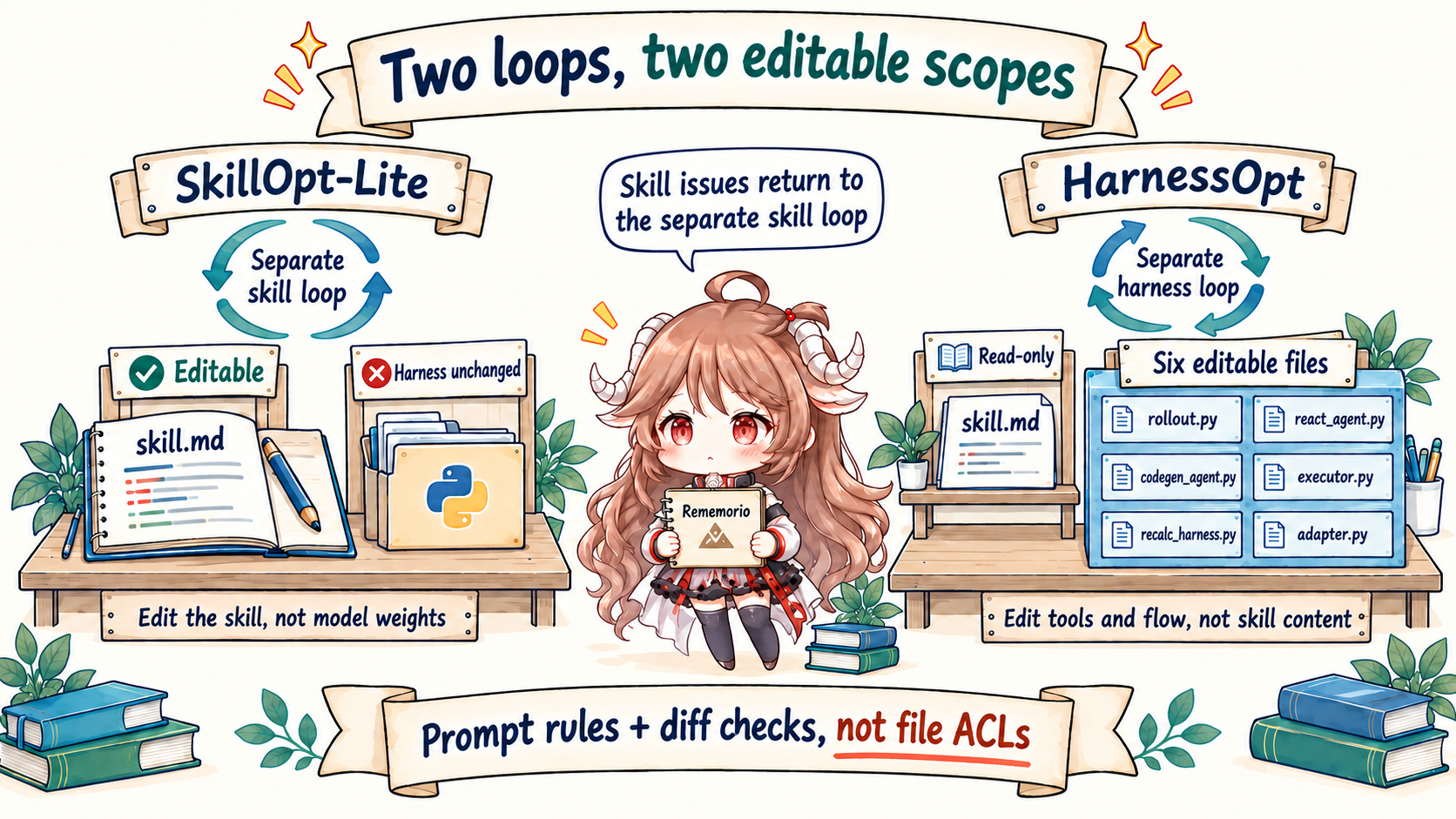 Prompt rules define two separate loops: SkillOpt-Lite may edit skill.md but not the harness; HarnessOpt treats skill.md as read-only and permits rollout.py, react_agent.py, codegen_agent.py, executor.py, recalc_harness.py, and adapter.py; prompt rules and diff checks are not file ACLs
