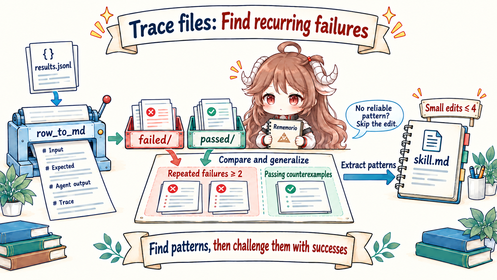 results.jsonl is split by row_to_md into per-task Markdown files under failed and passed; a coding agent compares at least two recurring failures with successful counterexamples before applying at most four small edits to skill.md