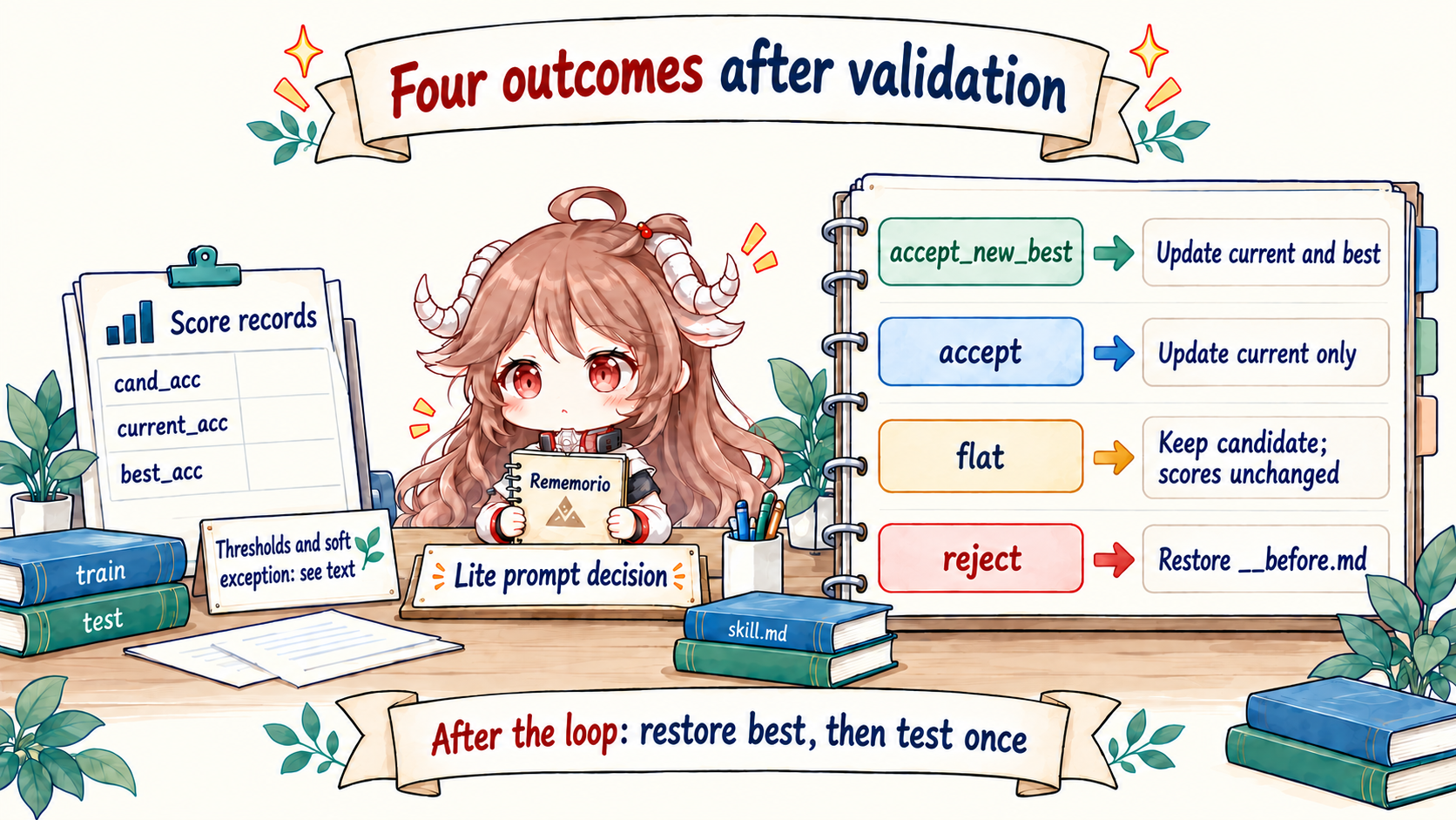 cand_acc enters validation with accept_new_best, accept, flat, and reject branches; only a new best updates both current_acc and best_acc, accept updates current only, flat keeps the skill without changing score records, reject restores the before snapshot, and test runs only after restoring the best snapshot