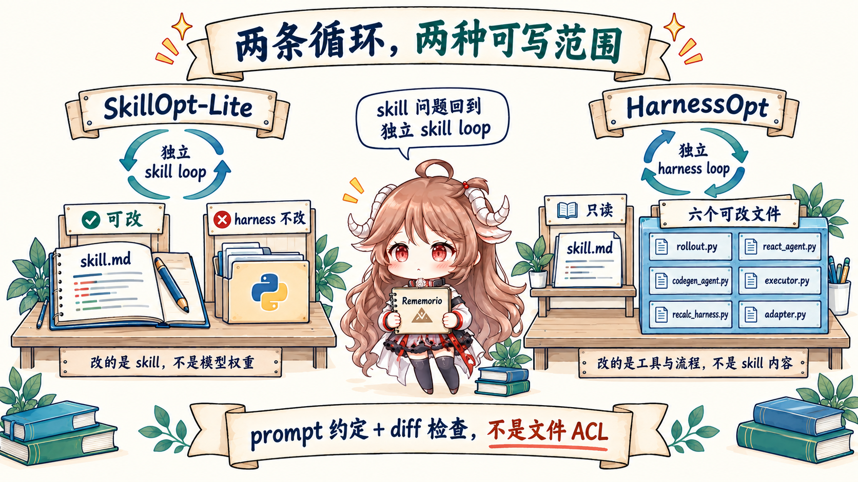 两条独立循环的 prompt 约定：SkillOpt-Lite 可改 skill.md 而不改 harness；HarnessOpt 只读 skill.md，允许修改 rollout.py、react_agent.py、codegen_agent.py、executor.py、recalc_harness.py 和 adapter.py；这些约定与 diff 检查不是文件 ACL